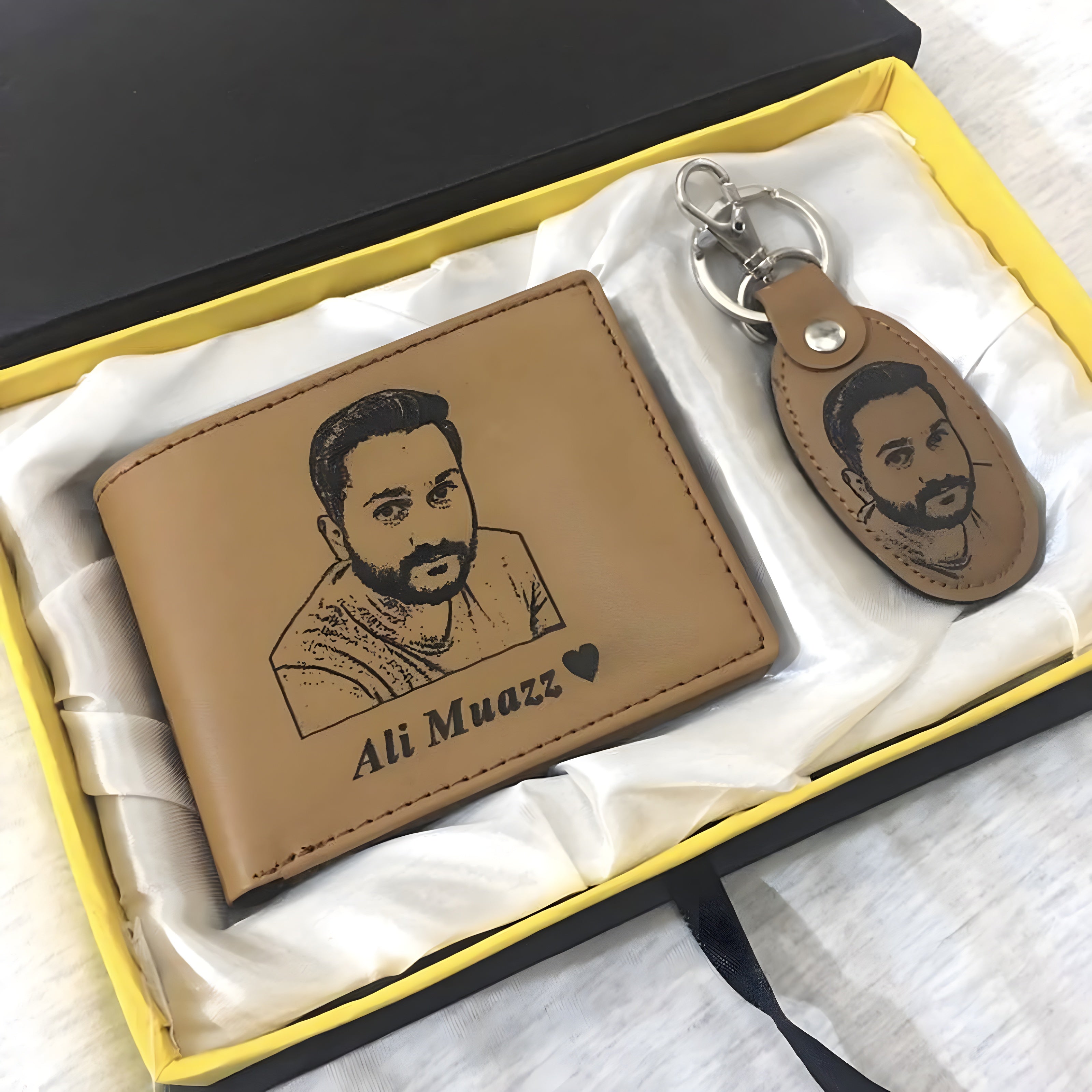 Customized Leather Wallet with Photo Matching Keychain & Watch Set