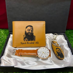 Customized Leather Wallet with Photo Matching Keychain & Watch Set