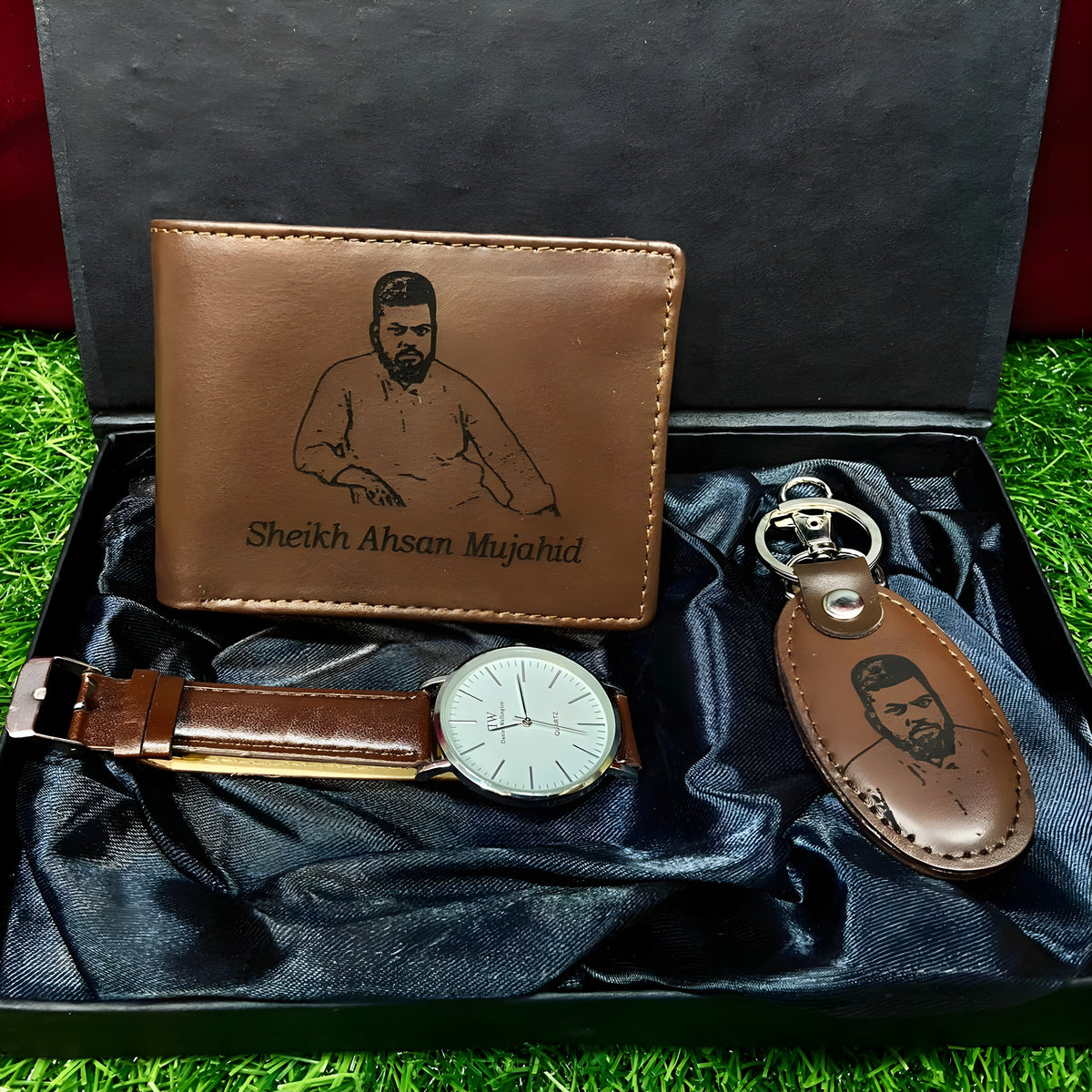 Customized Leather Wallet with Photo Matching Keychain & Watch Set