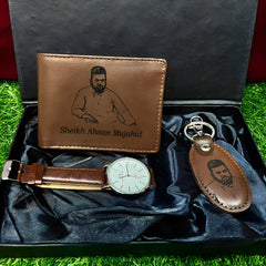 Customized Leather Wallet with Photo Matching Keychain & Watch Set