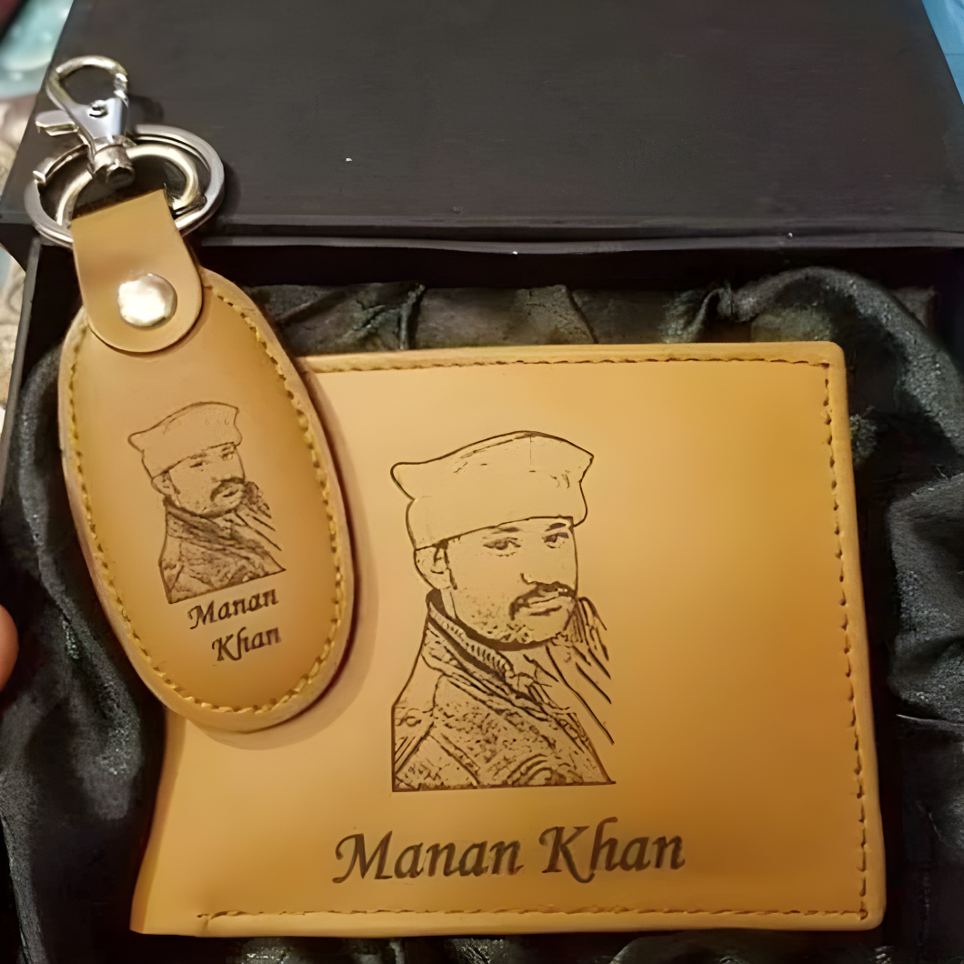Customized Leather Wallet with Photo Matching Keychain & Watch Set
