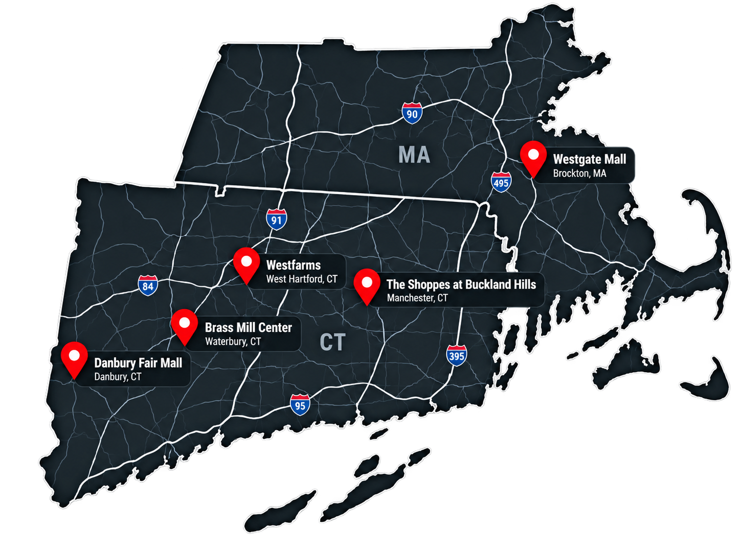 Customized Teez store locations across Connecticut and Massachusetts